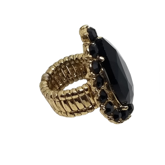 VINTAGE GOLDTONE WITH BLACK GLASS RHINESTONES STRETCH COCKTAIL RING - Picture 5 of 6